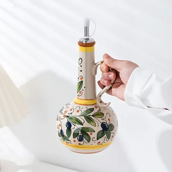 Hand-Painted Green Ceramic Olive Oil Bottles