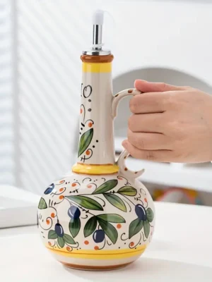 Hand-Painted Green Ceramic Olive Oil Bottles