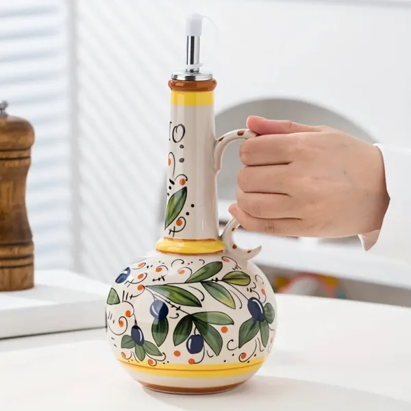 Hand-Painted Green Ceramic Olive Oil Bottles